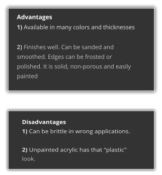 Advantages 1) Available in many colors and thicknesses  2) Finishes well. Can be sanded and smoothed. Edges can be frosted or polished. It is solid, non-porous and easily painted  Disadvantages 1) Can be brittle in wrong applications.  2) Unpainted acrylic has that "plastic" look.